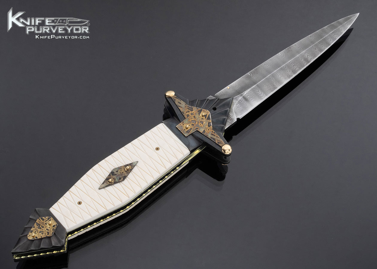 Van Barnett Custom Knife Sole Authorship Damascus Linerlock Textured Mammoth Dagger - Image 4