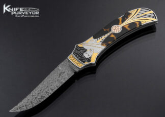 Warren Osborne Custom Knife Stainless Damascus Amber Semi Automatic Lockback Engraved by Tim George 17244