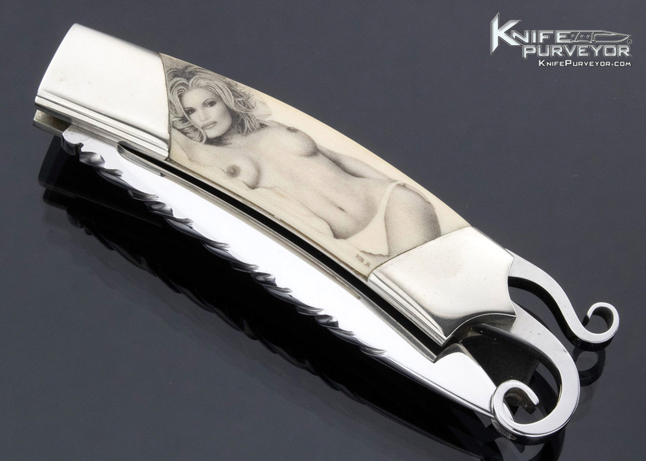 Lloyd Hale Custom Knife Ron Luebke Jr. Scrimshawed Tail Lock Folder - Image 2