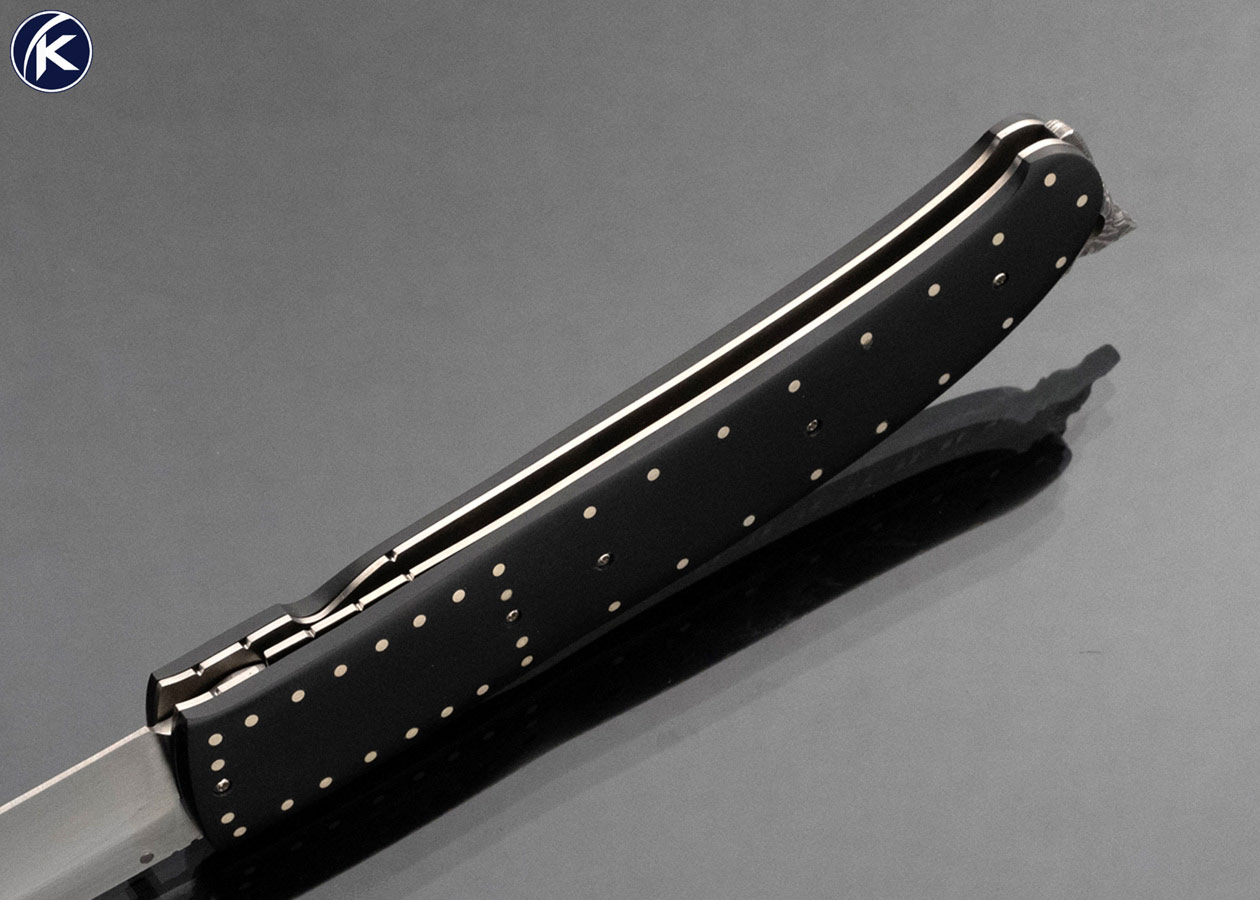 Steve Fecas Custom Knife African Blackwood Liner Lock with Decorative Pins and Damascus Spine - Image 5