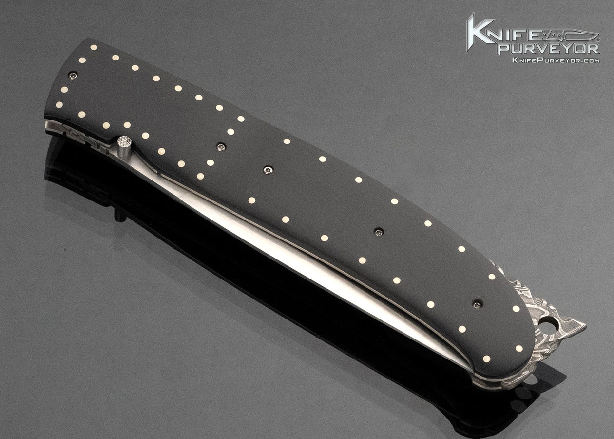 Steve Fecas Custom Knife African Blackwood Liner Lock with Decorative Pins and Damascus Spine - Image 2