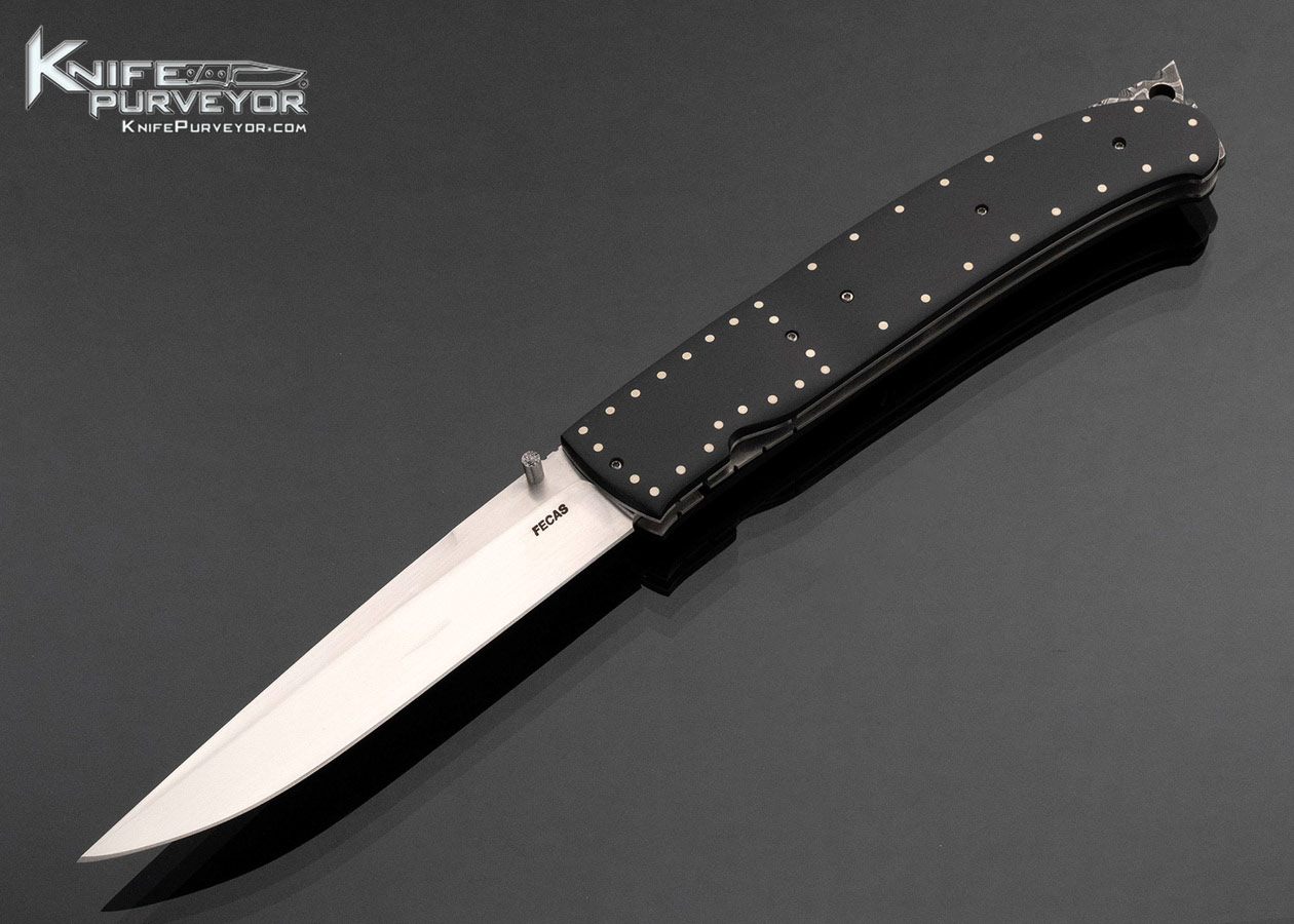 Steve Fecas Custom Knife African Blackwood Liner Lock with Decorative Pins and Damascus Spine 17469