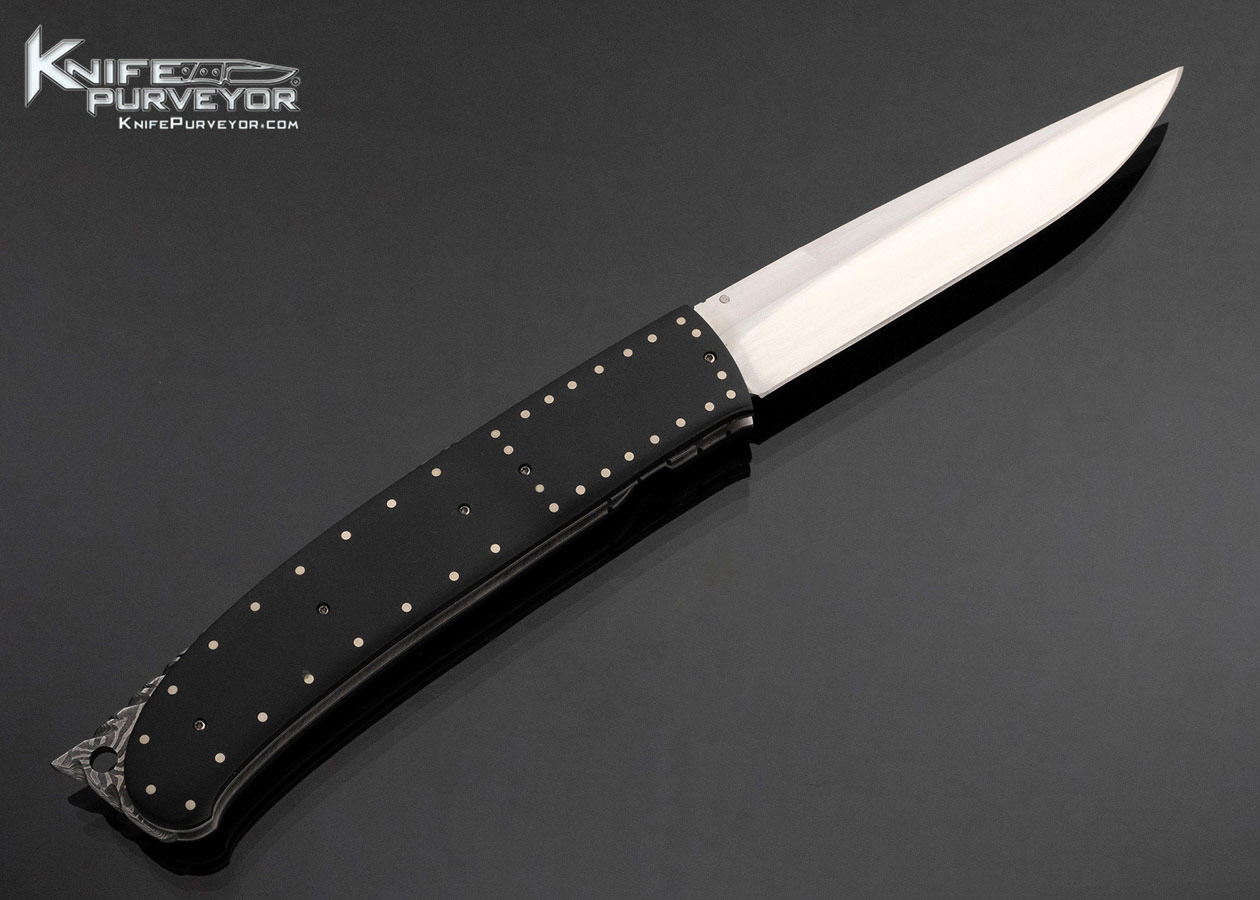Steve Fecas Custom Knife African Blackwood Liner Lock with Decorative Pins and Damascus Spine - Image 3