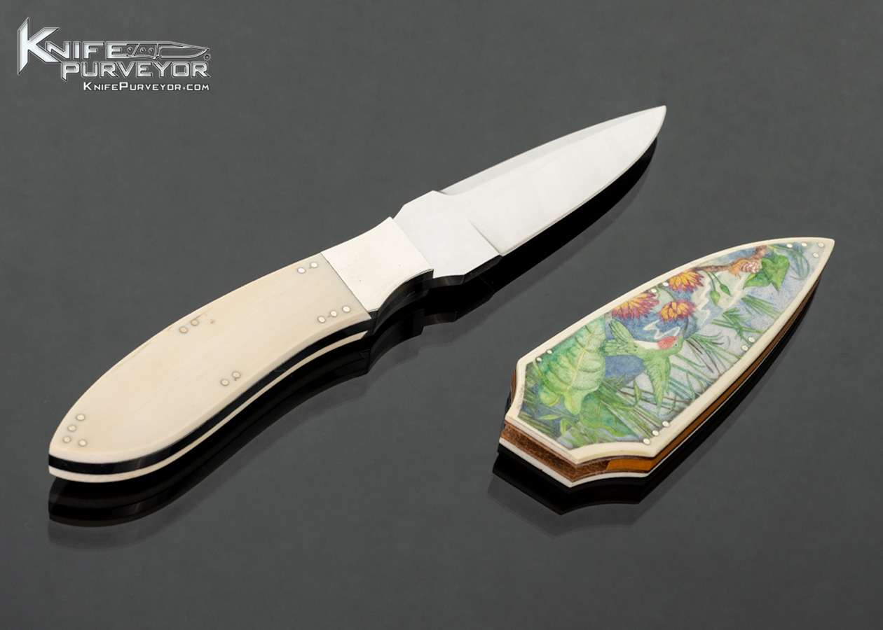 Alex Daniels Custom Knife Purse Knife Mammoth Ivory Handle and Scabbard Scrimshawed by Mary Baily