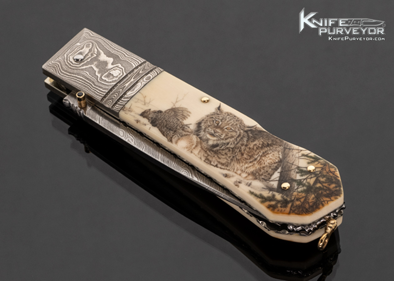 Barry Davis Custom Knife Sole Authorship Damascus and Fossil Mammoth Lockback with 14Kt Gold Pins, Bail and Toothpick Scrimshawed by Rick B. Fields - Image 2