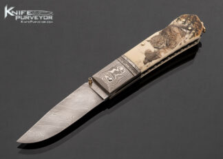 Barry Davis Custom Knife Sole Authorship Damascus and Fossil Mammoth Lockback with 14Kt Gold Pins Bail and Toothpick Scrimshawed by Rick B. Fields 17565