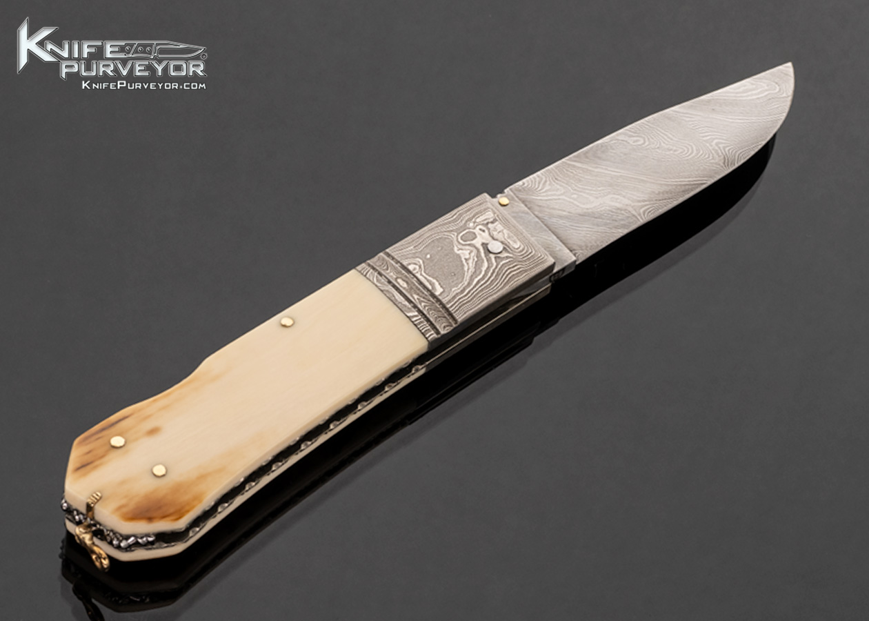 Barry Davis Custom Knife Sole Authorship Damascus and Fossil Mammoth Lockback with 14Kt Gold Pins, Bail and Toothpick Scrimshawed by Rick B. Fields - Image 3