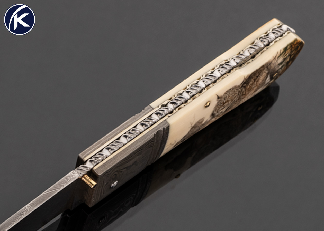 Barry Davis Custom Knife Sole Authorship Damascus and Fossil Mammoth Lockback with 14Kt Gold Pins, Bail and Toothpick Scrimshawed by Rick B. Fields - Image 4