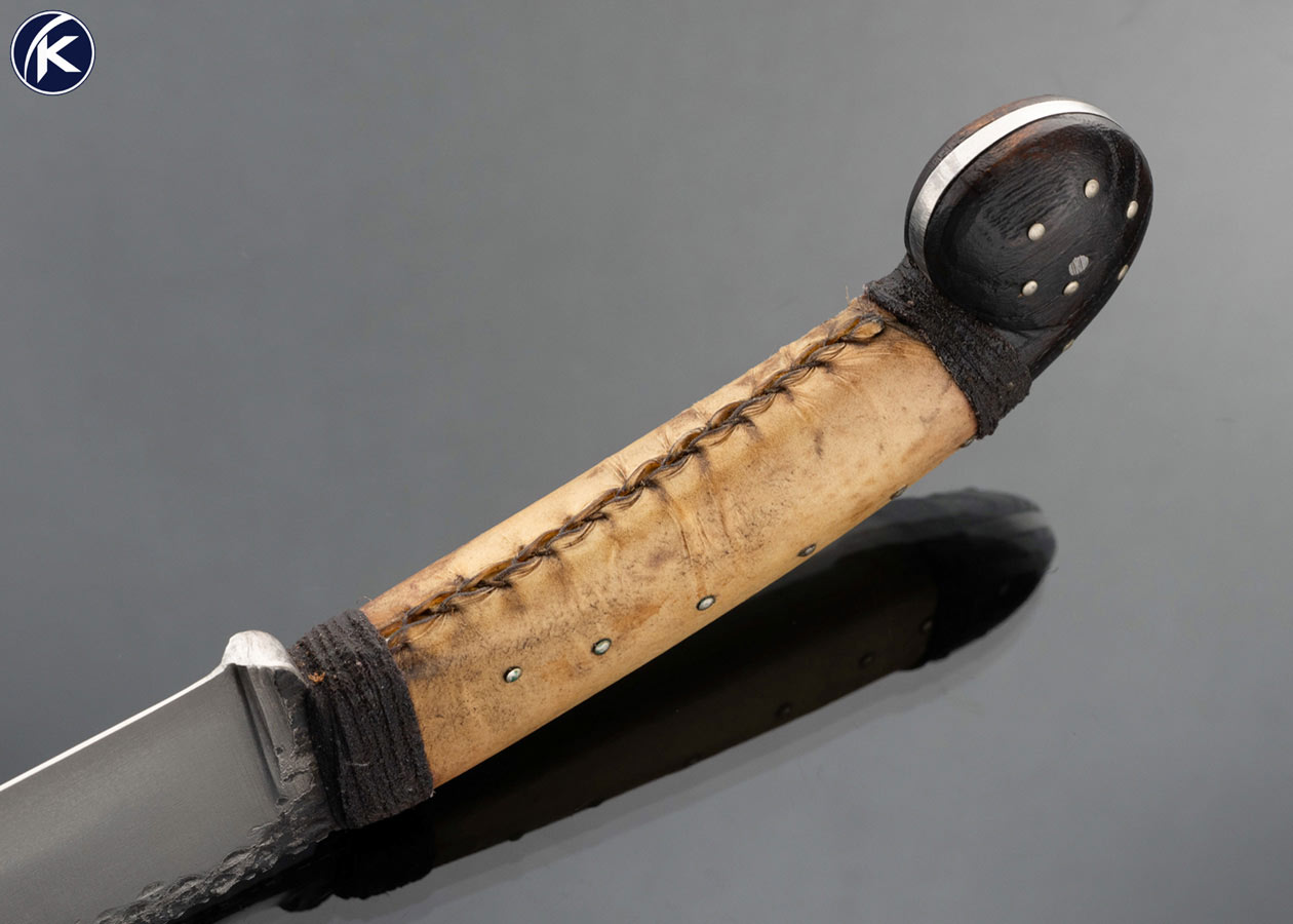Daniel Winkler Custom Knife Forged Blade with Rawhide and Wrapped Leather with Wood and Karen Sheath 17491