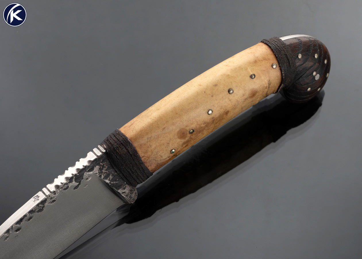 Daniel Winkler Custom Knife Forged Blade with Rawhide and Wrapped Leather with Wood and Karen Sheath 17491