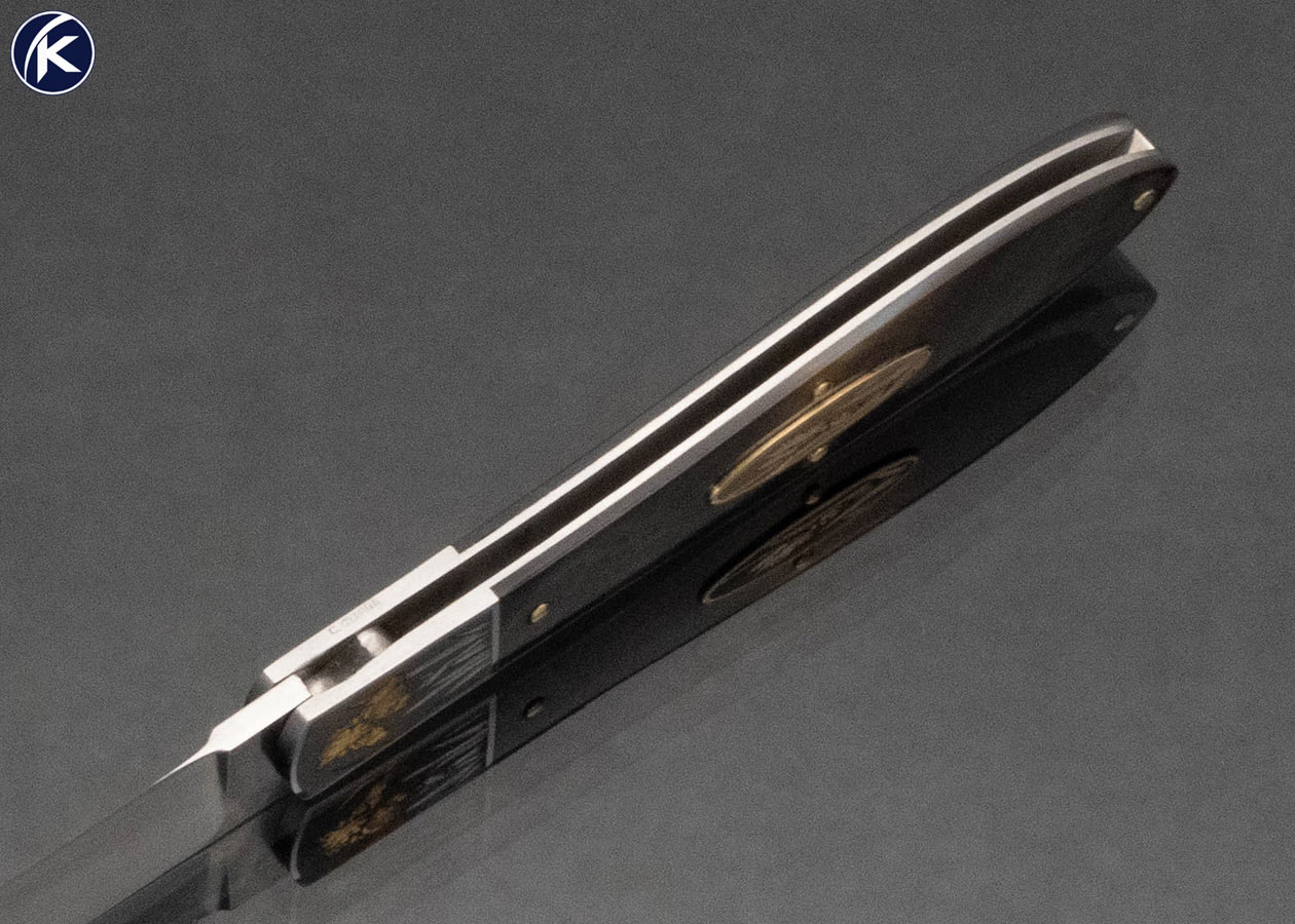David Taylor Custom Knife Black Lip Pearl Slipjoint Engraved by Tim George With Gold Inlay