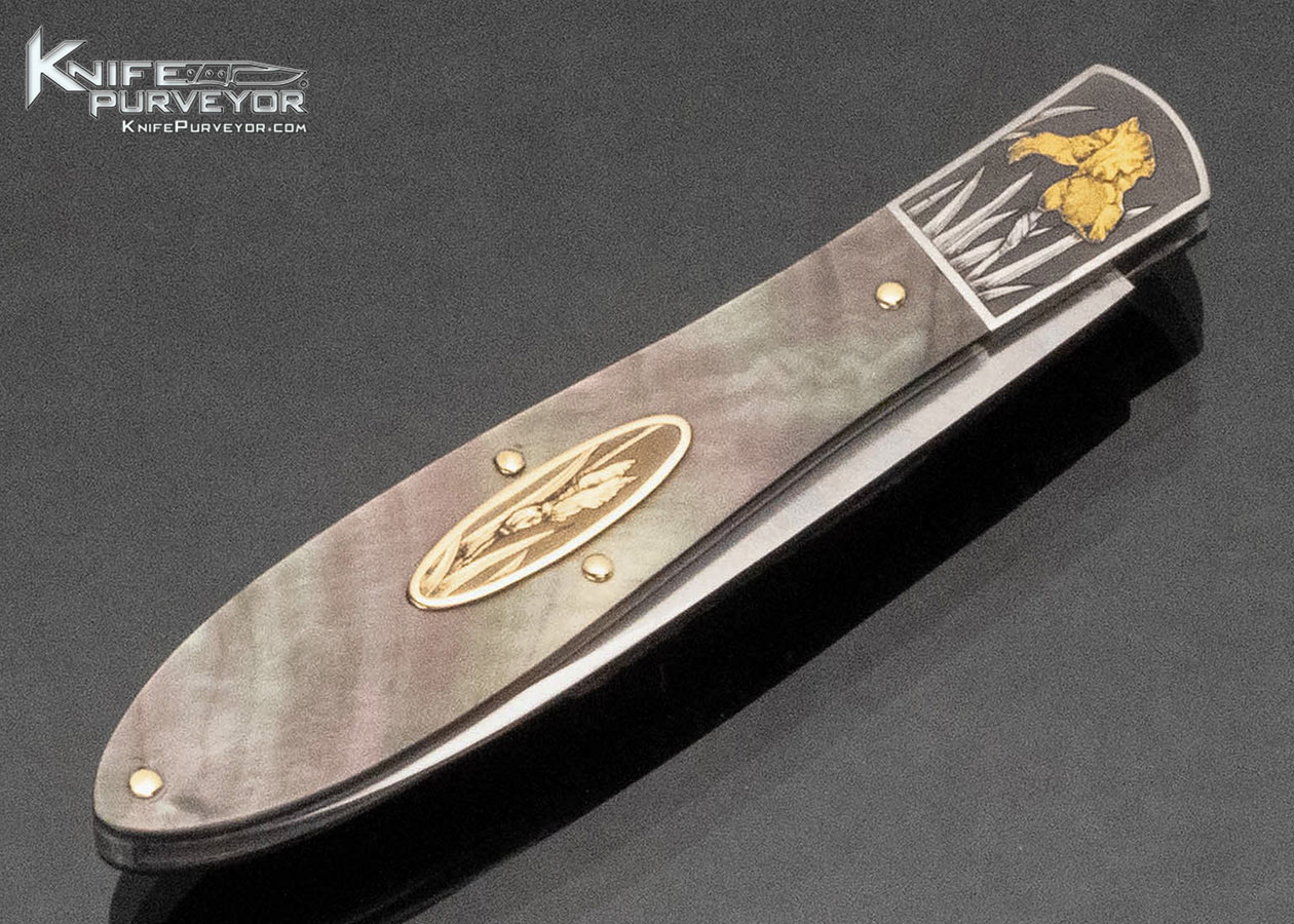 David Taylor Custom Knife Black Lip Pearl Slipjoint Engraved by Tim George With Gold Inlay