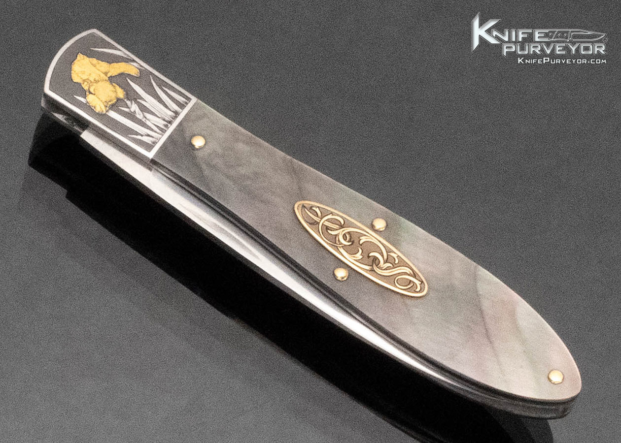 David Taylor Custom Knife Black Lip Pearl Slipjoint Engraved by Tim George With Gold Inlay