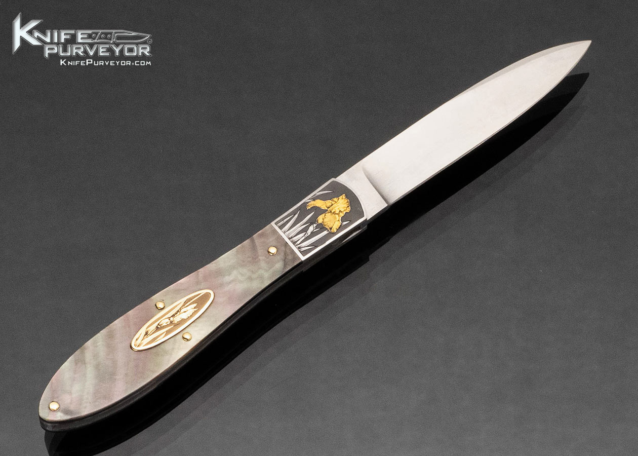 David Taylor Custom Knife Black Lip Pearl Slipjoint Engraved by Tim George With Gold Inlay