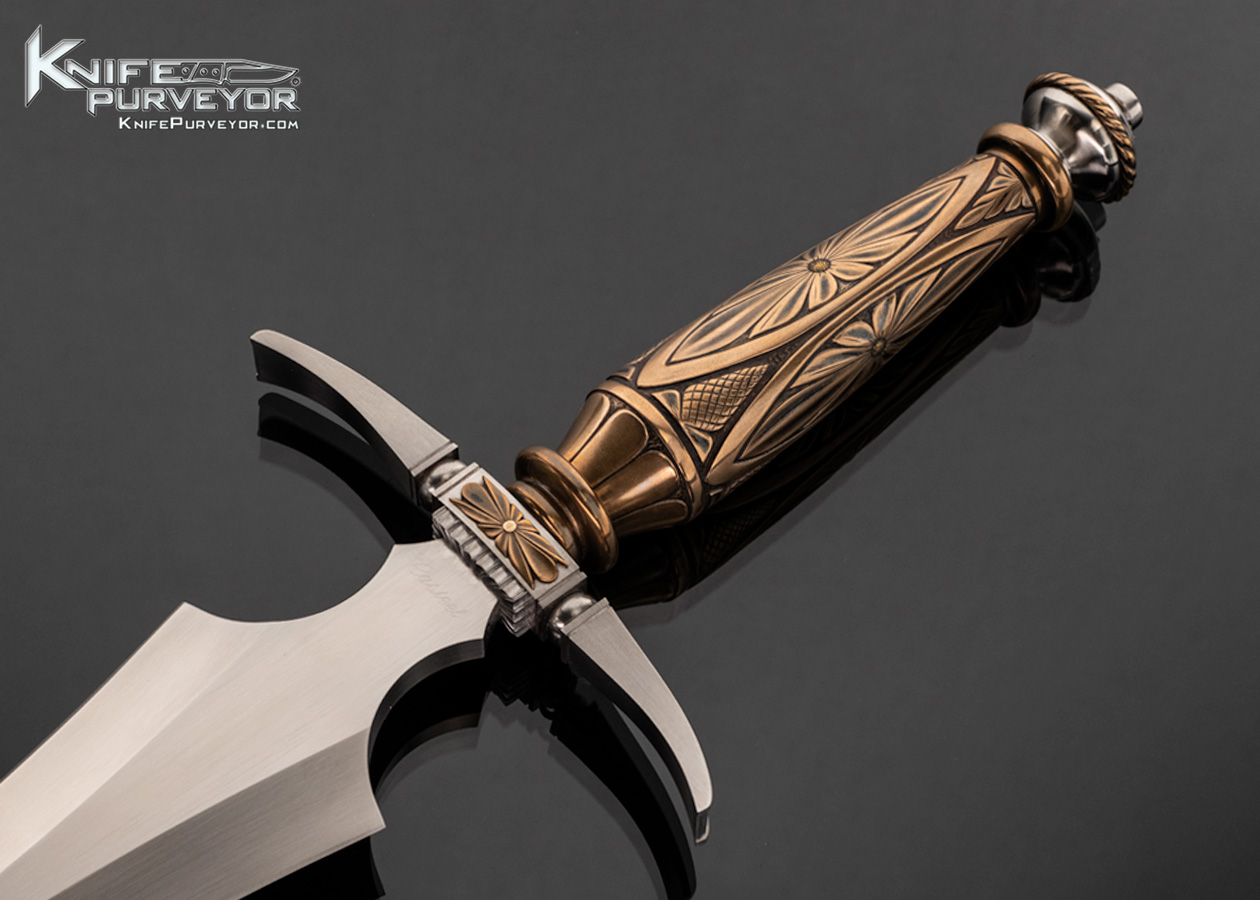 Doug Casteel Custom Knife Art Dagger Fully Engraved Bronze Handle and Guard with Scabbard - Image 2