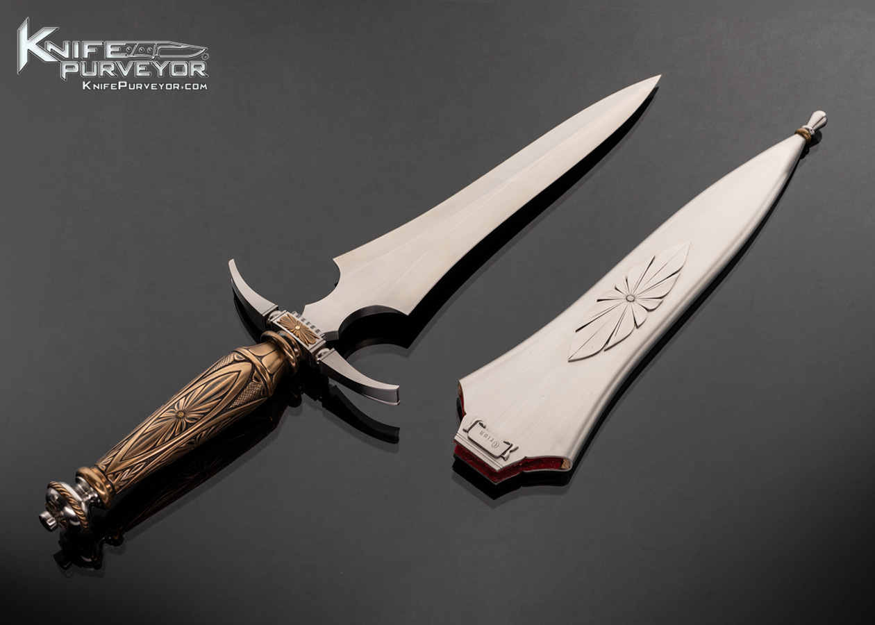 Doug Casteel Custom Knife Art Dagger Fully Engraved Bronze Handle and Guard with Scabbard - Image 3