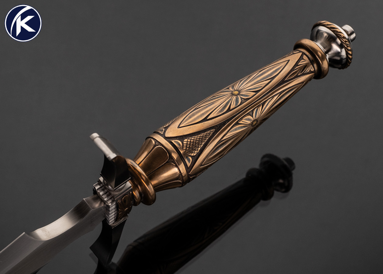 Doug Casteel Custom Knife Art Dagger Fully Engraved Bronze Handle and Guard with Scabbard - Image 4