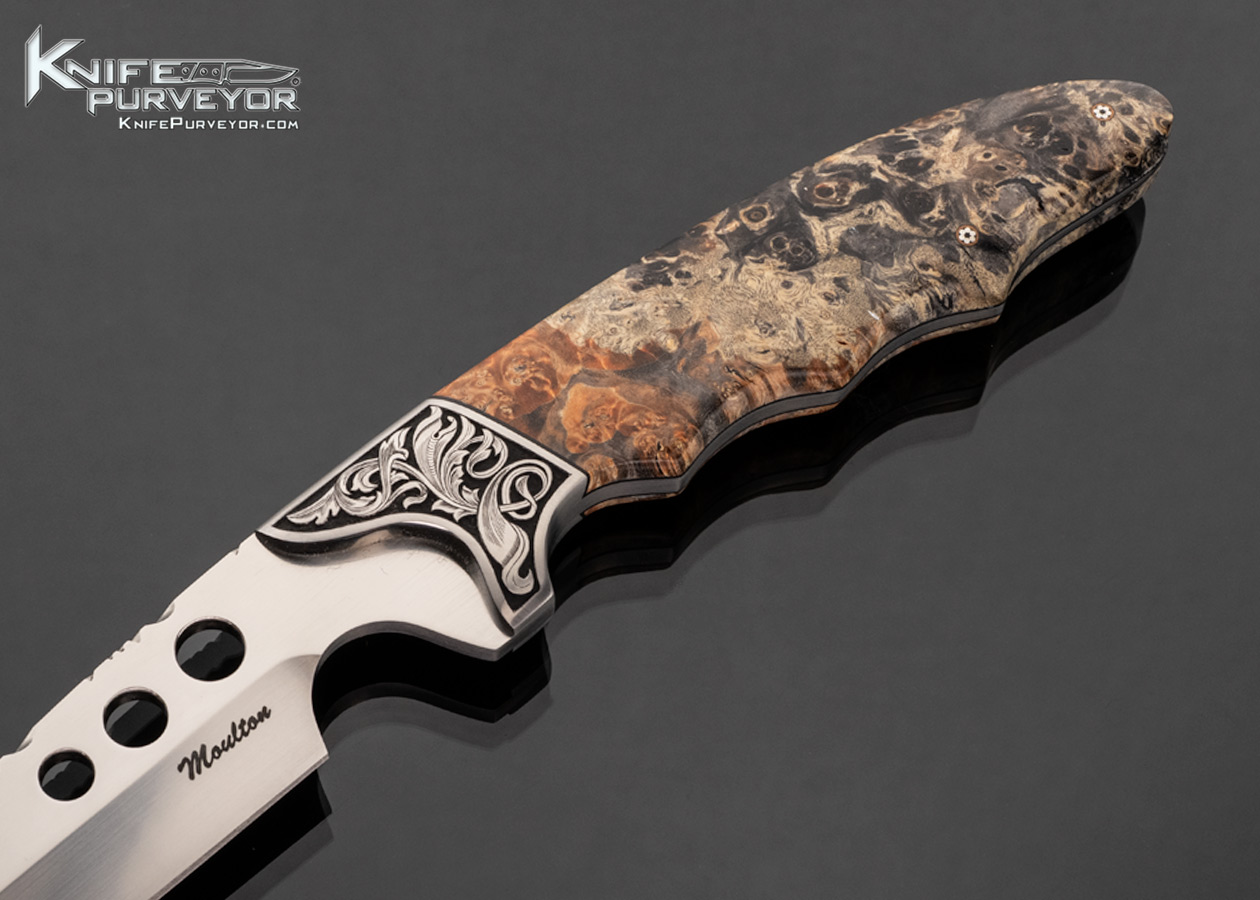 Dusty Moulton Custom Knife Sole Authorship Engraved Stabilized Box Elder Fighter with Black Woven Leather Sheath - Image 2