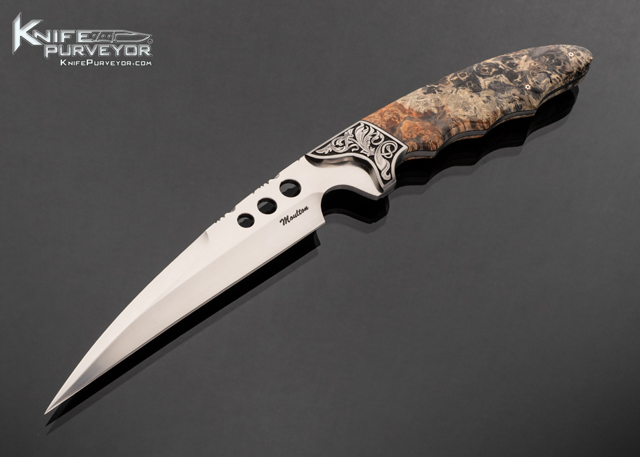 Dusty Moulton Custom Knife Sole Authorship Engraved Stabilized Box Elder Fighter with Black Woven Leather Sheath 17693