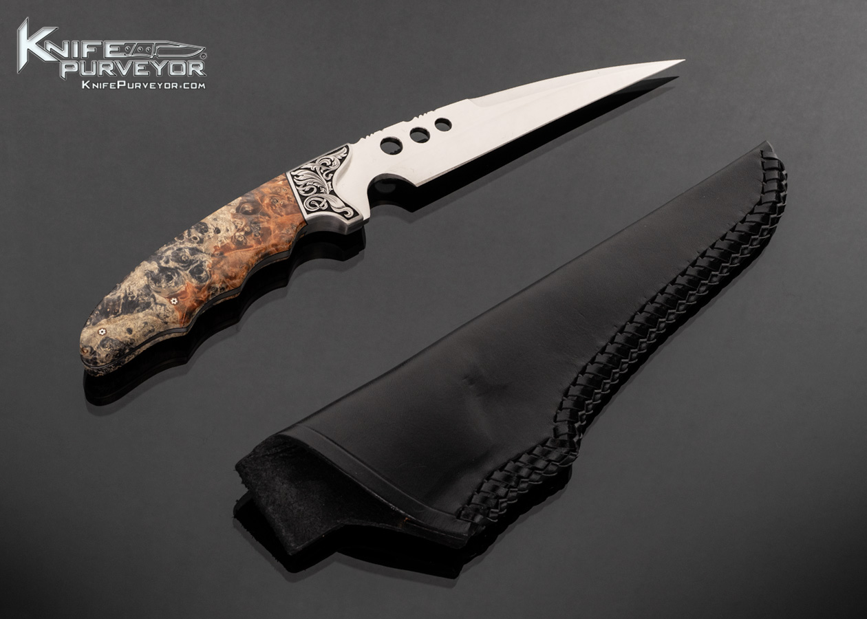 Dusty Moulton Custom Knife Sole Authorship Engraved Stabilized Box Elder Fighter with Black Woven Leather Sheath - Image 3