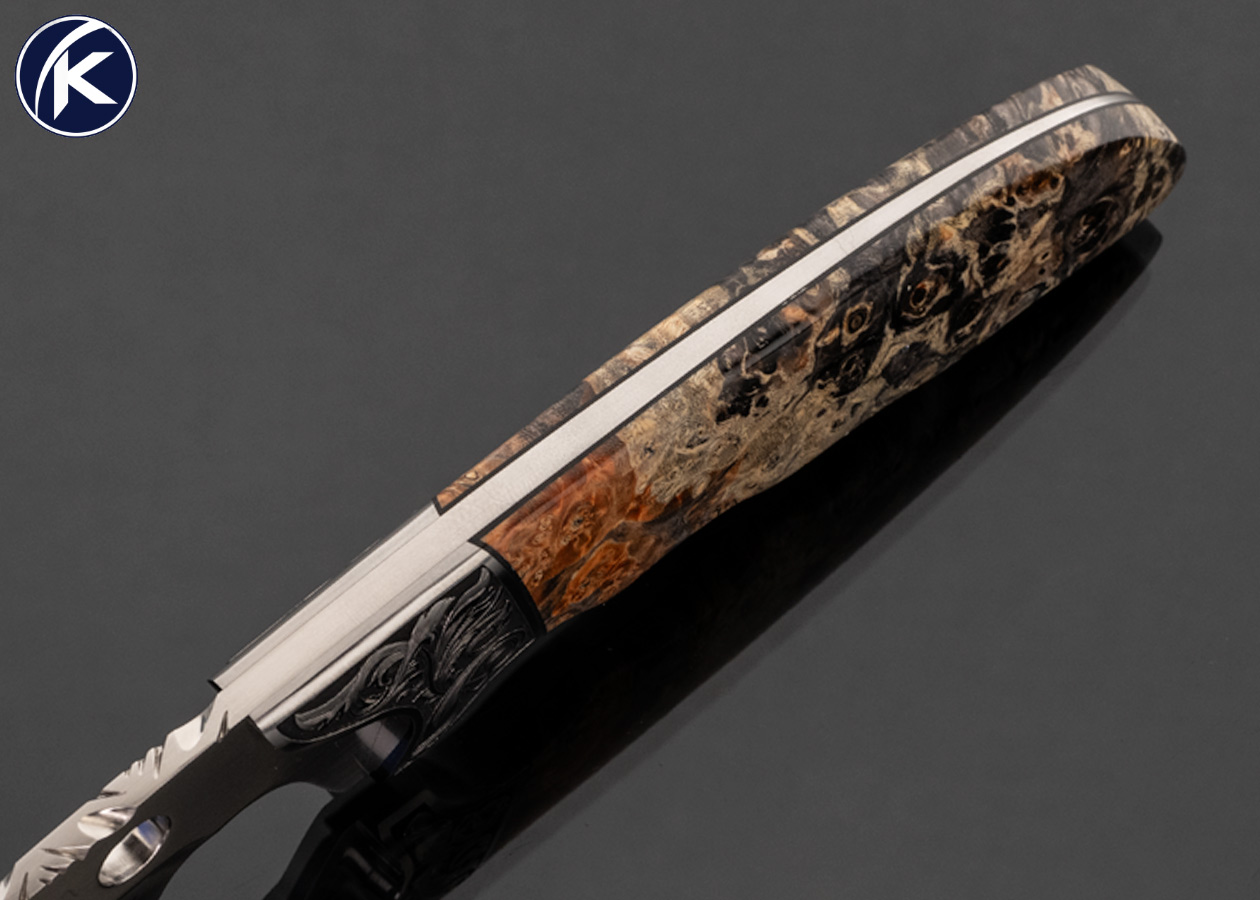 Dusty Moulton Custom Knife Sole Authorship Engraved Stabilized Box Elder Fighter with Black Woven Leather Sheath - Image 4