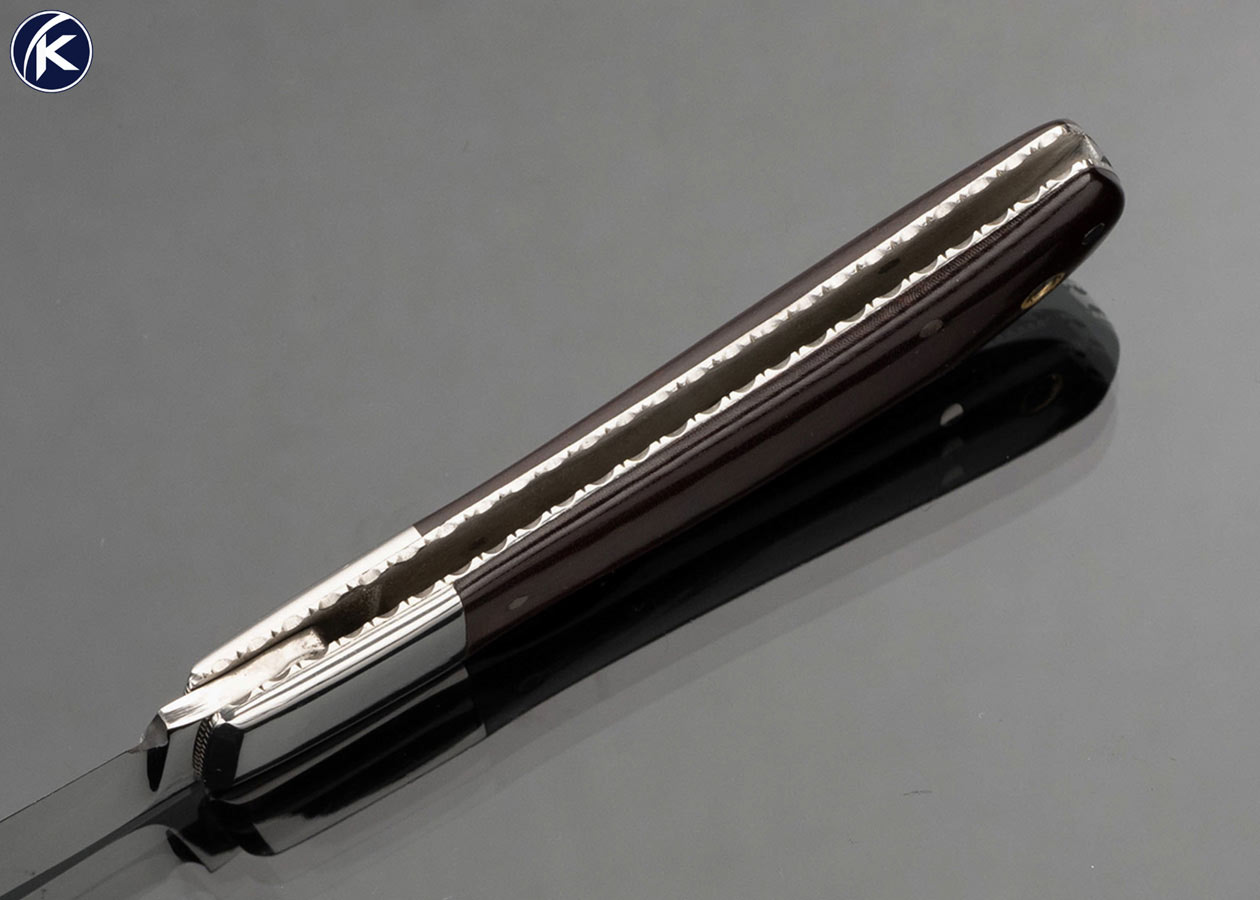 Harvey McBurnette Custom Knife Burgundy Micarta with Escutcheon Front Lock Folder - Image 5