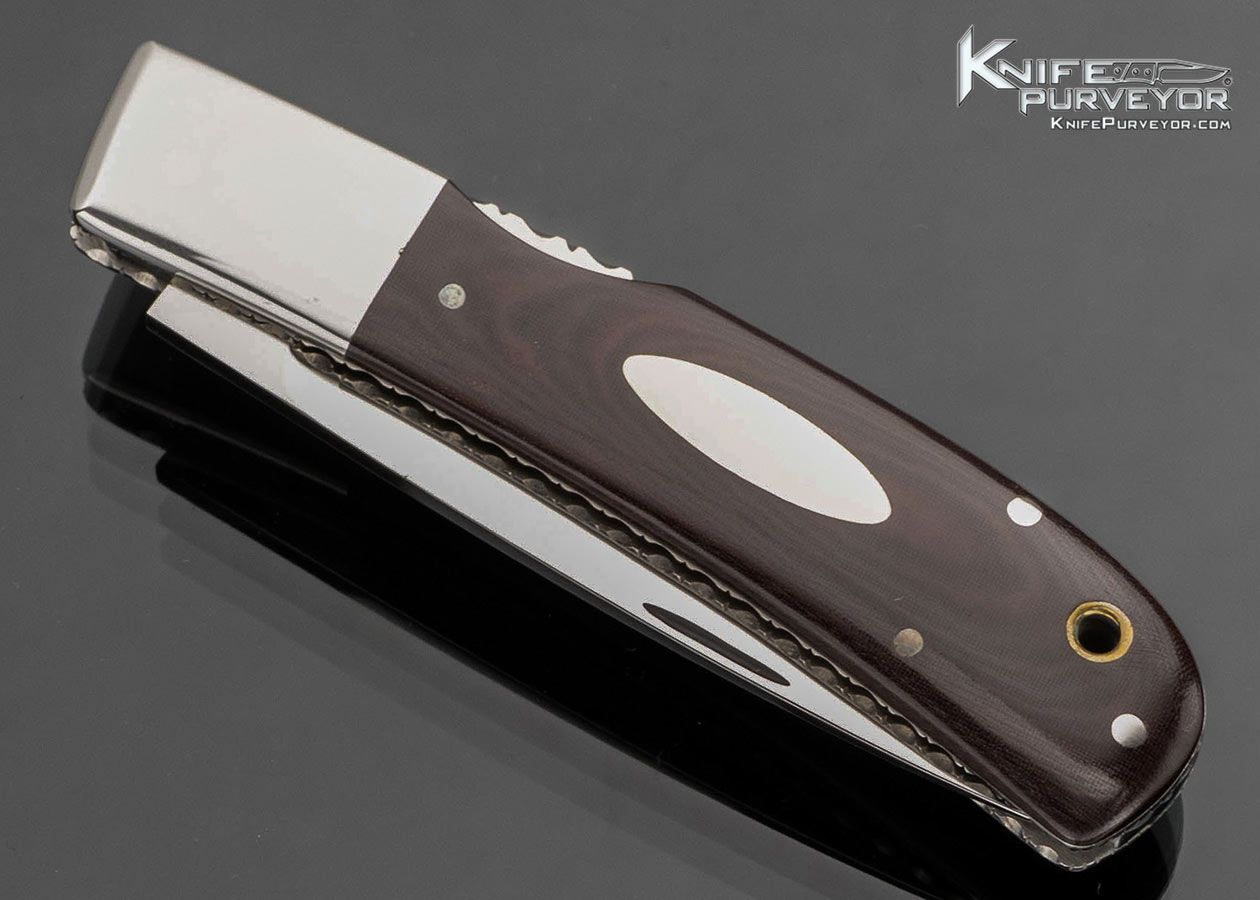 Harvey McBurnette Custom Knife Burgundy Micarta with Escutcheon Front Lock Folder - Image 2