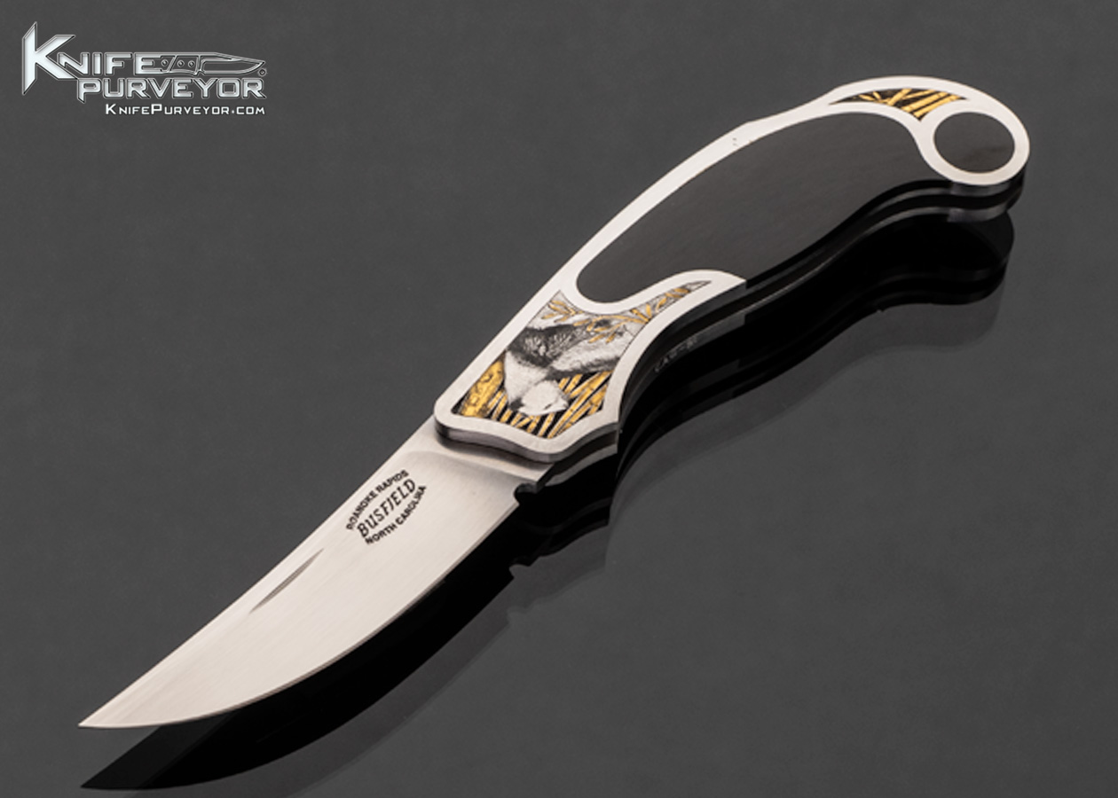 Jack Busfield Custom Knife "The Ambassadors" Engraved with Gold Inlays by Tim and Christy George Double Interframe Black Edwards Jade 17597