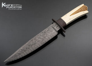 Jerry-Fisk-M.S.-Custom-Knife-Sole-Authorship-Damascus-with-Fluted-and-Stippled-Fossilized-Walrus-Bowie-with-Sheath-17484