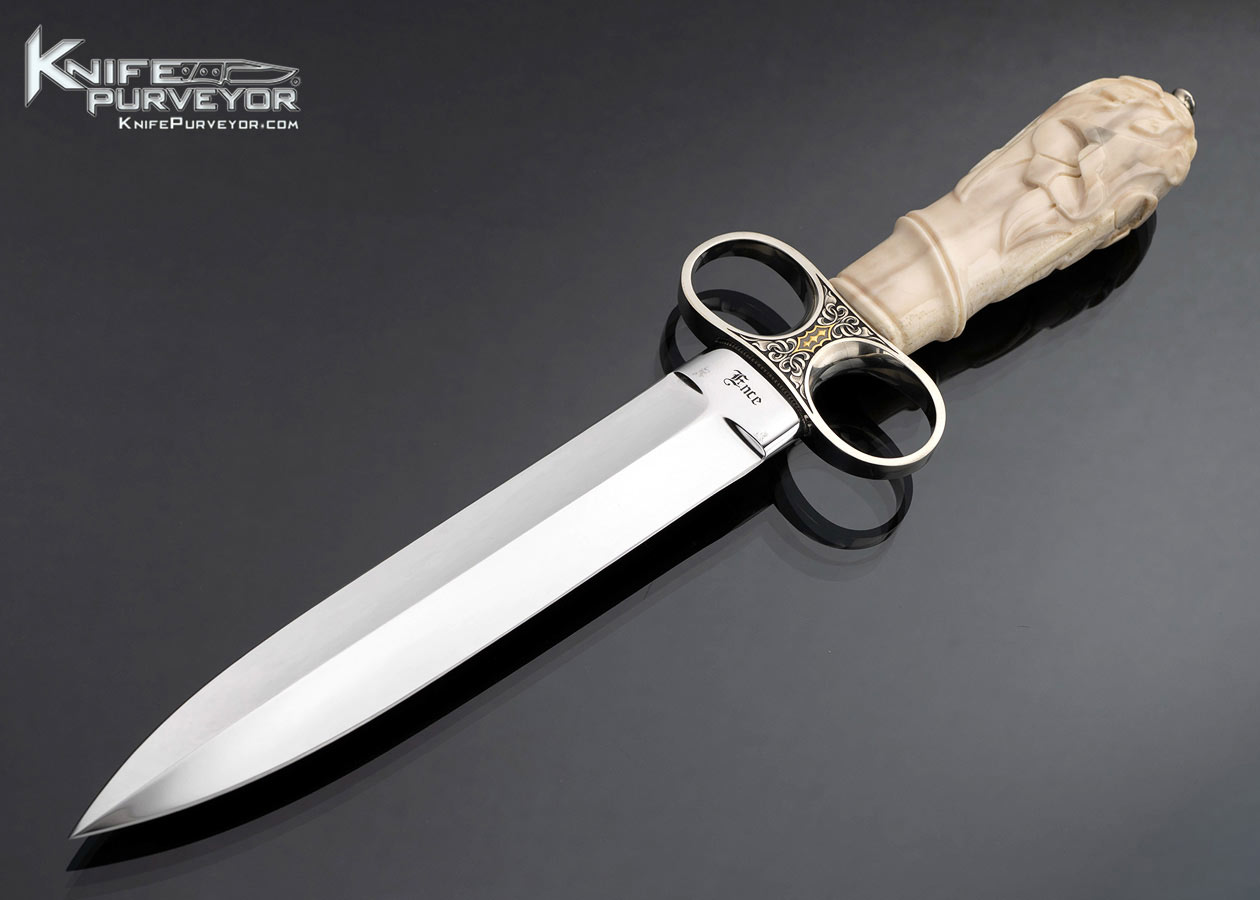 Jim Ence Custom Knife Engraved with Gold Inlays and Carved Fossil Walrus Ring Dagger 17760