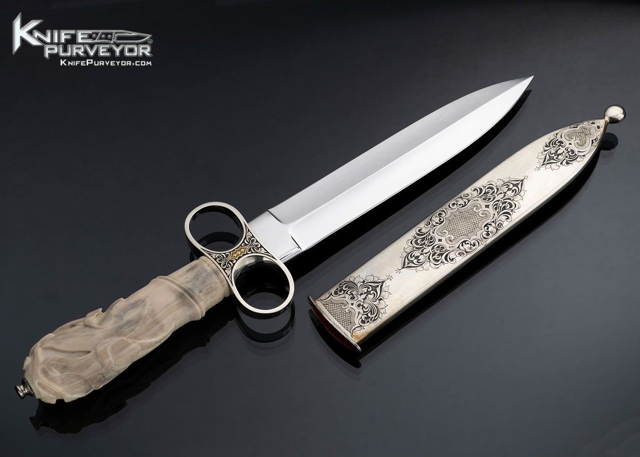 Jim Ence Custom Knife Engraved with Gold Inlays and Carved Fossil Walrus Ring Dagger - Image 3