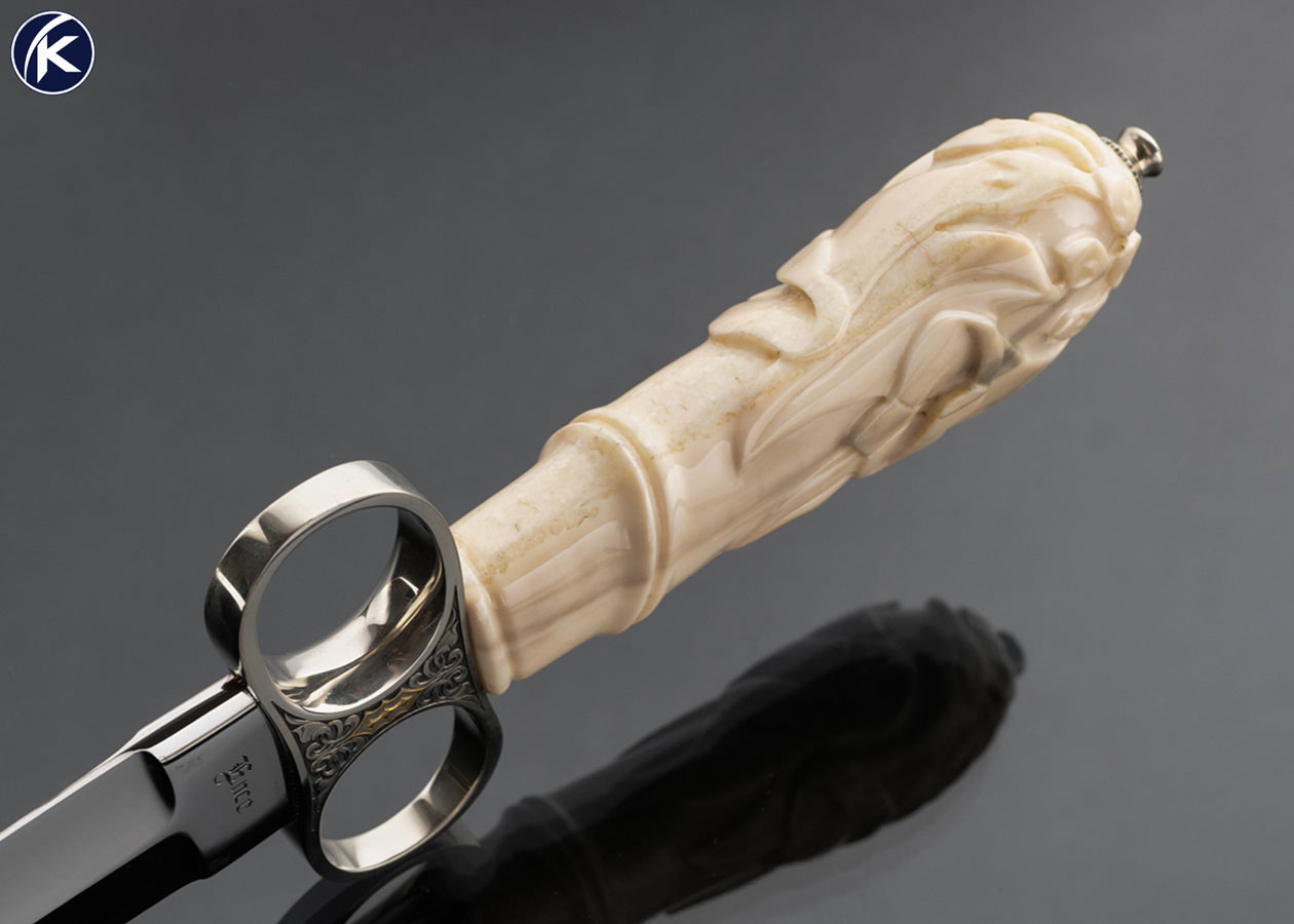 Jim Ence Custom Knife Engraved with Gold Inlays and Carved Fossil Walrus Ring Dagger - Image 5