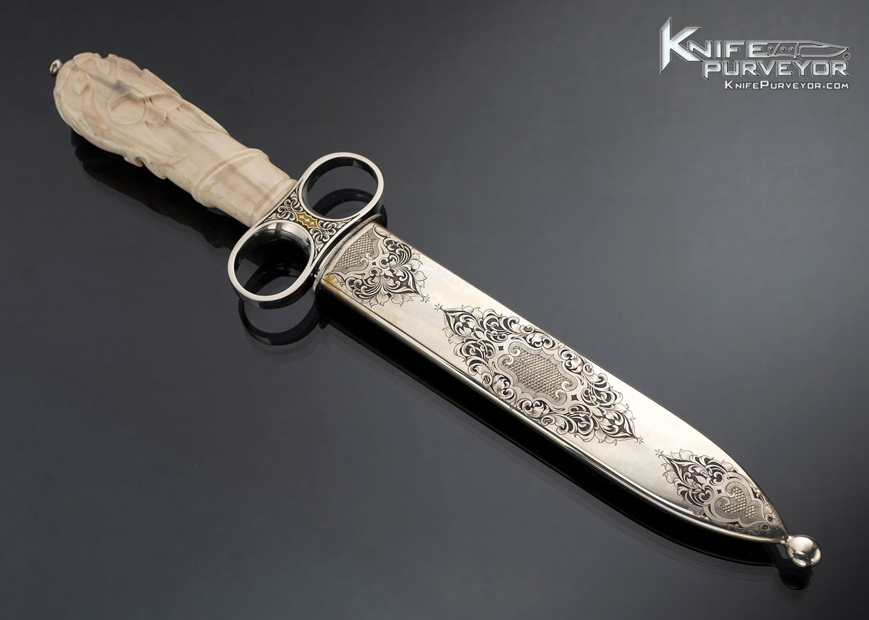 Jim Ence Custom Knife Engraved with Gold Inlays and Carved Fossil Walrus Ring Dagger - Image 4