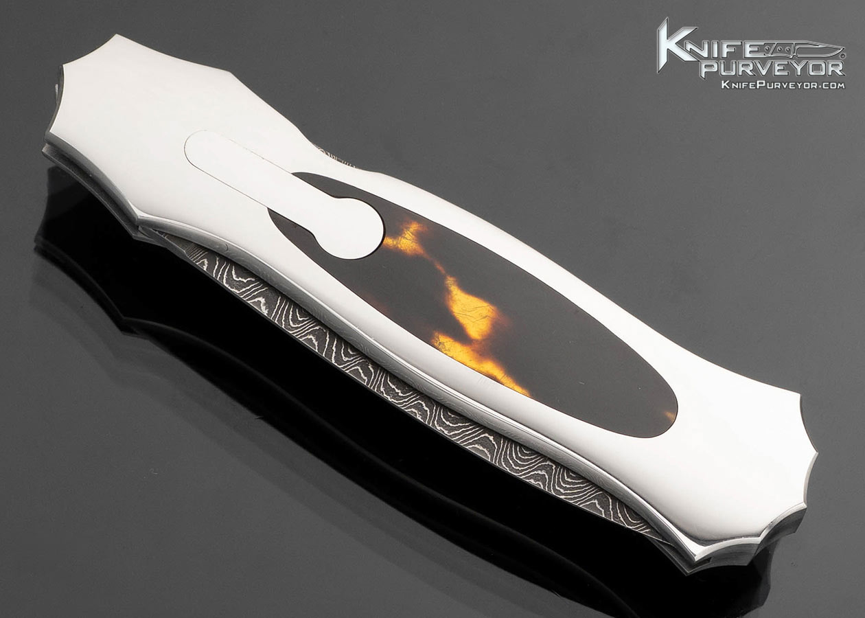 Joe Kious Custom Knife Damascus with Amber Interframe Automatic Lockback Dagger - Image 2