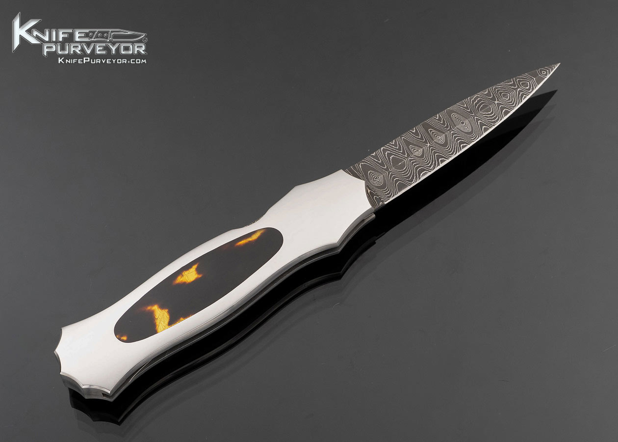 Joe Kious Custom Knife Damascus with Amber Interframe Automatic Lockback Dagger - Image 3