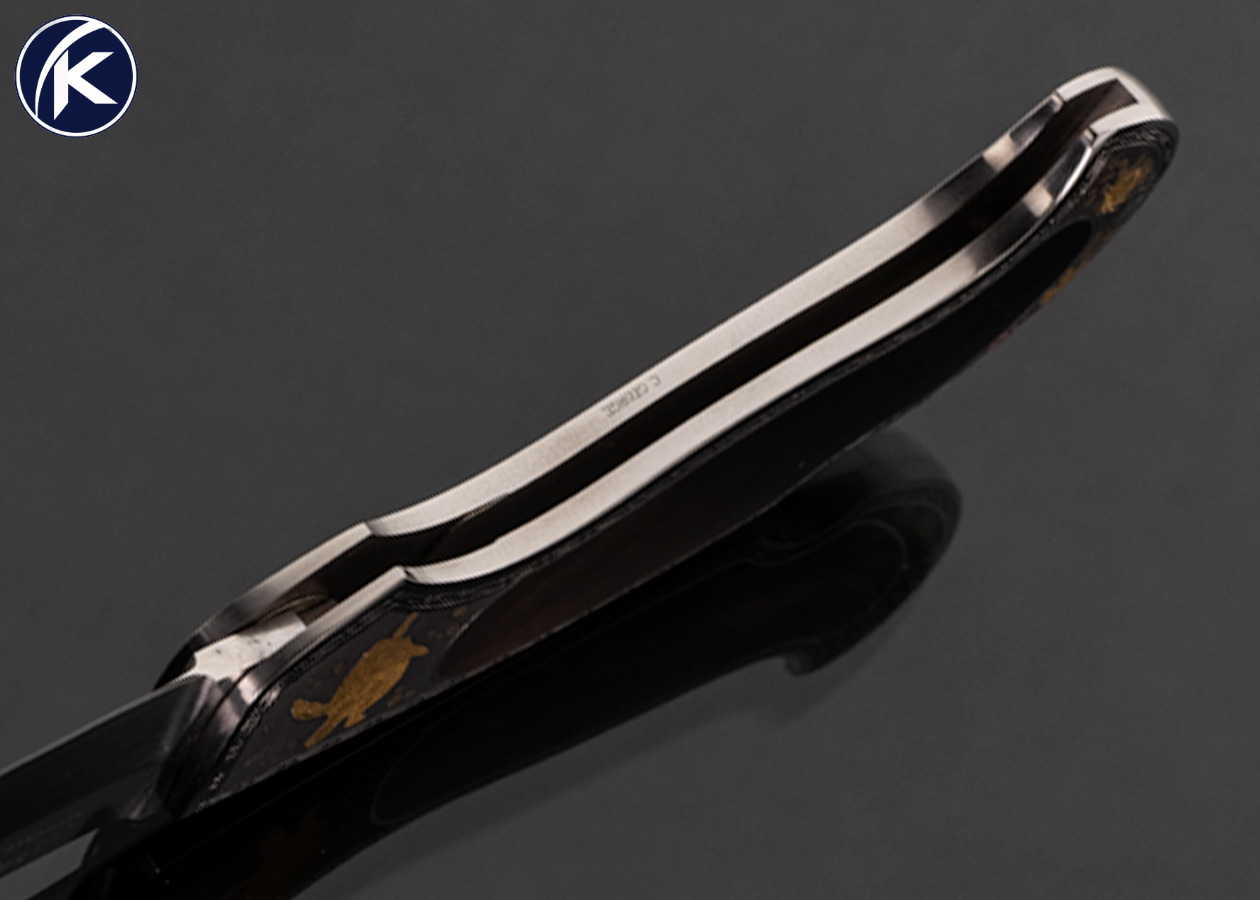 Joe Kious Custom Knife Black Lip Tahitian Pearl Lockback "Sargosso Sea" Engraved with 24Kt Gold Inlays by Tim and Christy George - Image 5