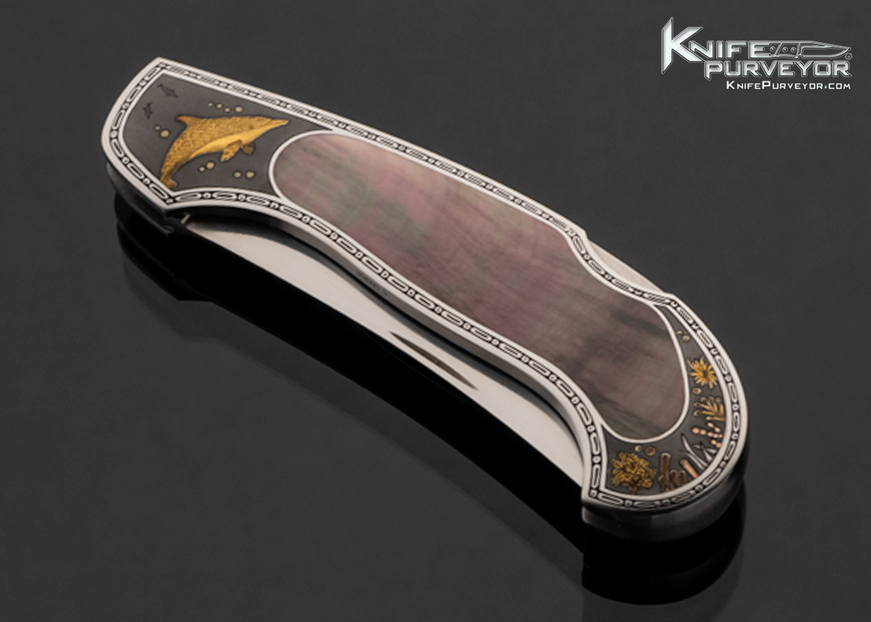 Joe Kious Custom Knife Black Lip Tahitian Pearl Lockback "Sargosso Sea" Engraved with 24Kt Gold Inlays by Tim and Christy George - Image 2