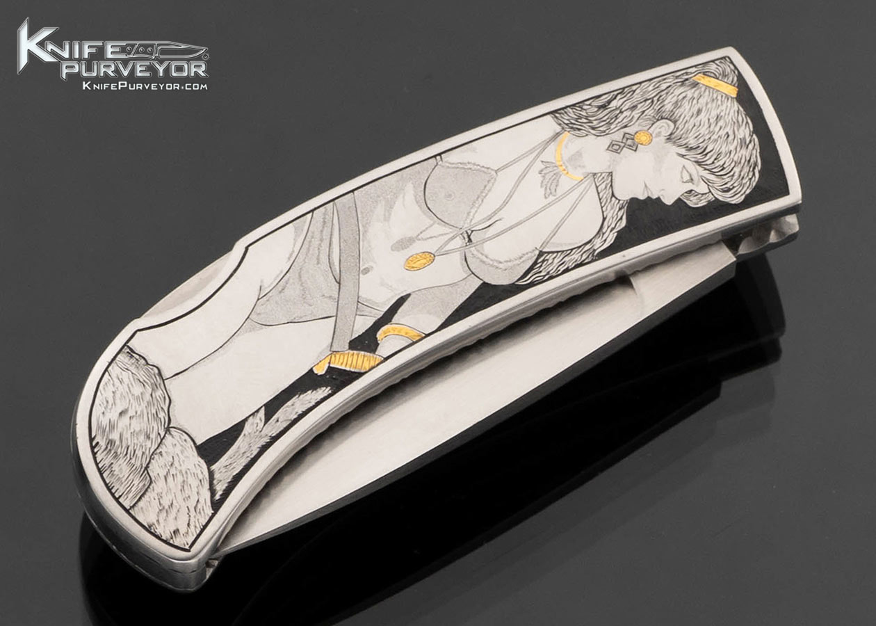 John W. Smith Custom Knife Sole Authorship Engraved with Gold Inlays "Viking Warrior and Princess" Lockback