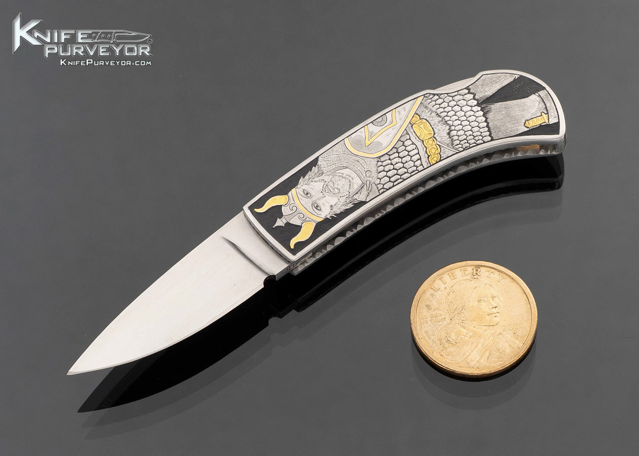 John W. Smith Custom Knife Sole Authorship Engraved with Gold Inlays "Viking Warrior and Princess" Lockback