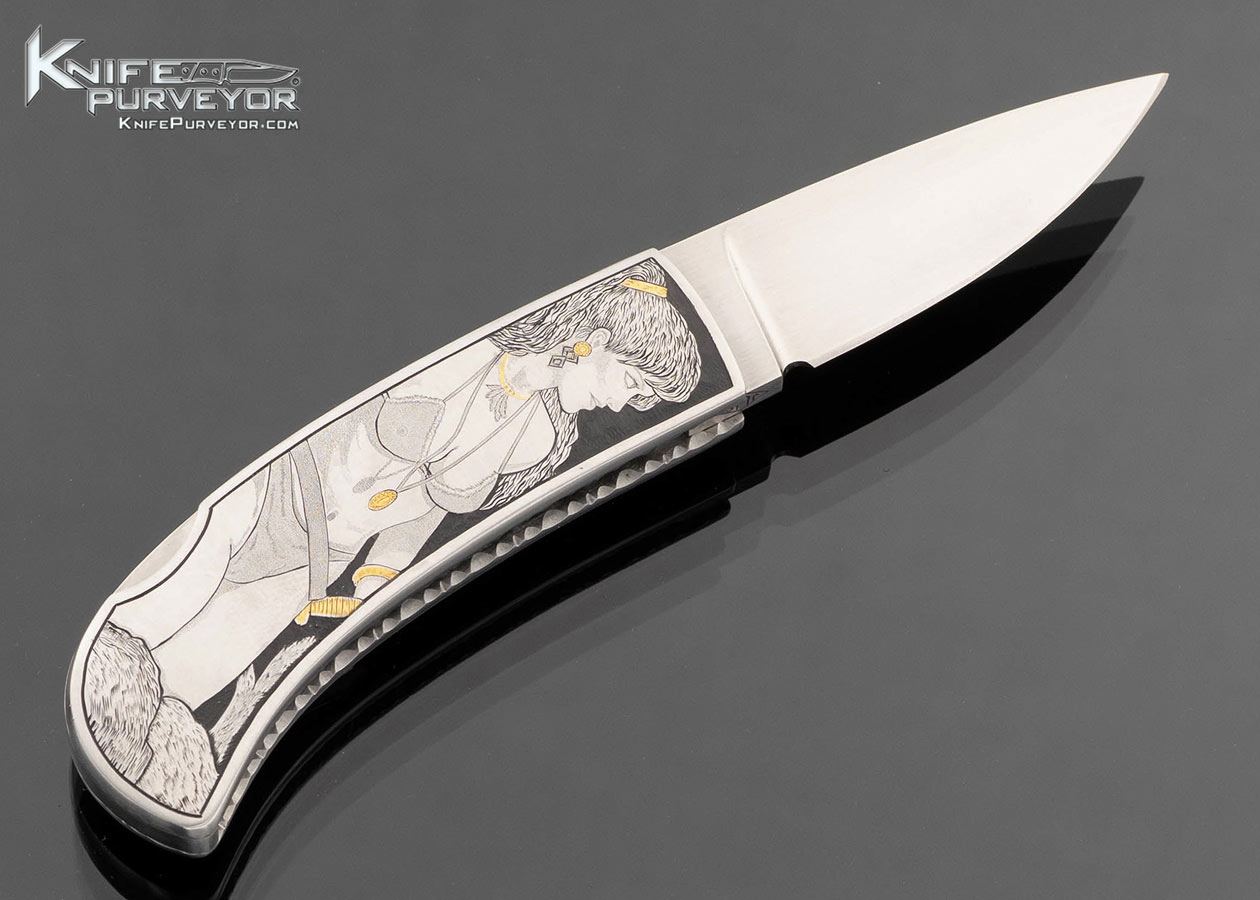 John W. Smith Custom Knife Sole Authorship Engraved with Gold Inlays "Viking Warrior and Princess" Lockback