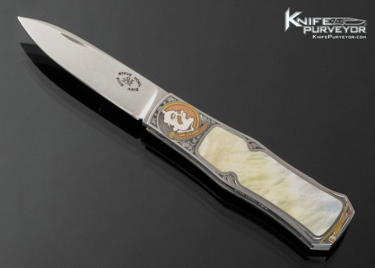 Steve Hoel Custom Knife Jon Robyn Engraved Florida State with South Sea Gold Lip Pearl Lockback 17093