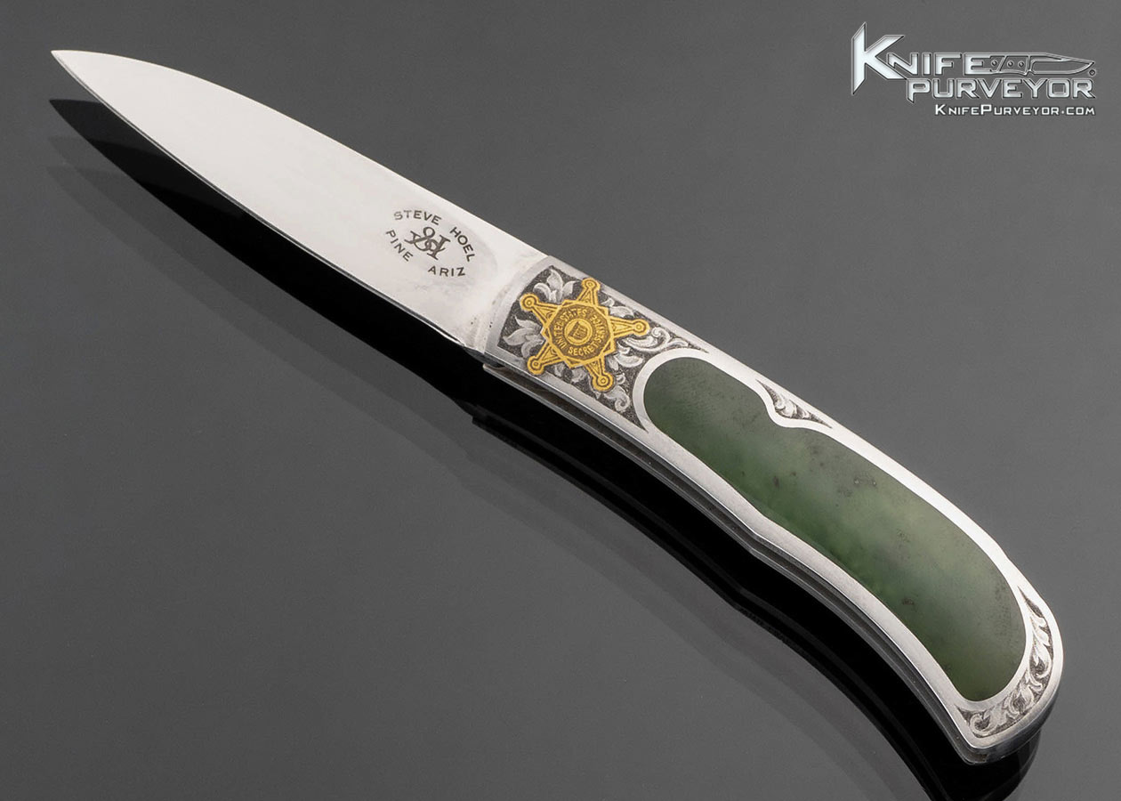 Steve Hoel Custom Knife Jon Robyn Engraved United States Secret Service with Jade Interframe Lockback 17094