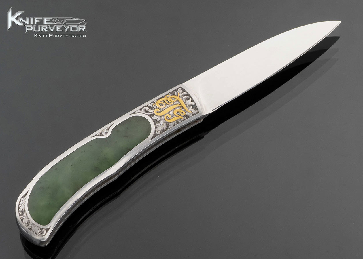 Steve Hoel Custom Knife Jon Robyn Engraved United States Secret Service with Jade Interframe Lockback 17094