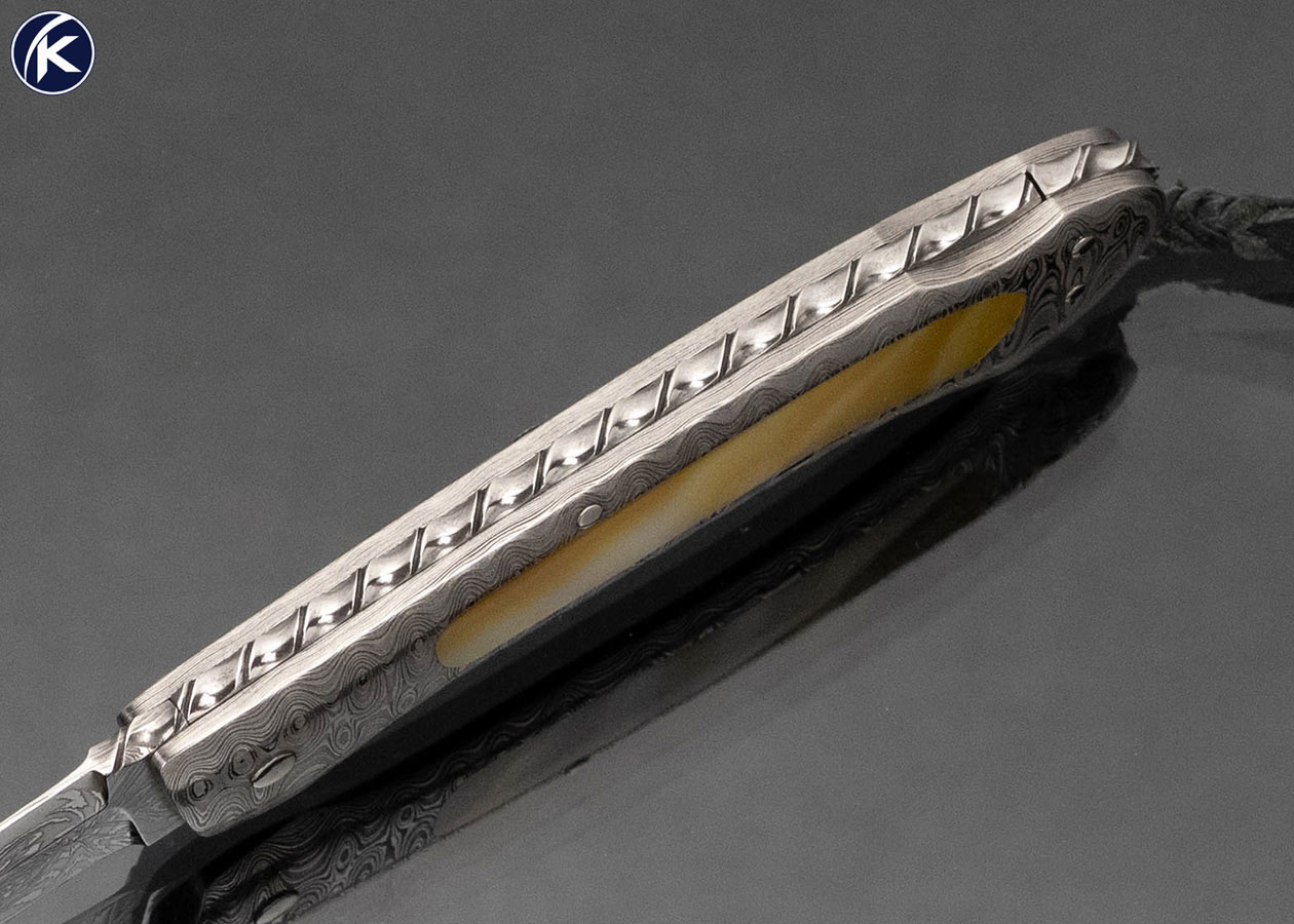 Kay Embretsen Custom Knife Starburst Pattern Damascus Blade with Damascus and Gold Lip Pearl Interframe Lockback