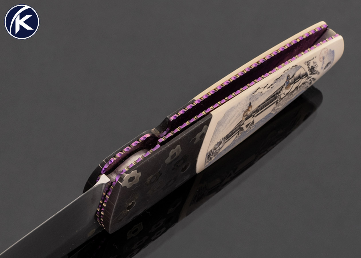 Kelly Carlson Custom Knife Japanese Lovers and Village Snow Mammoth Scrimshawed by Matt Stothart with Stand - Image 6
