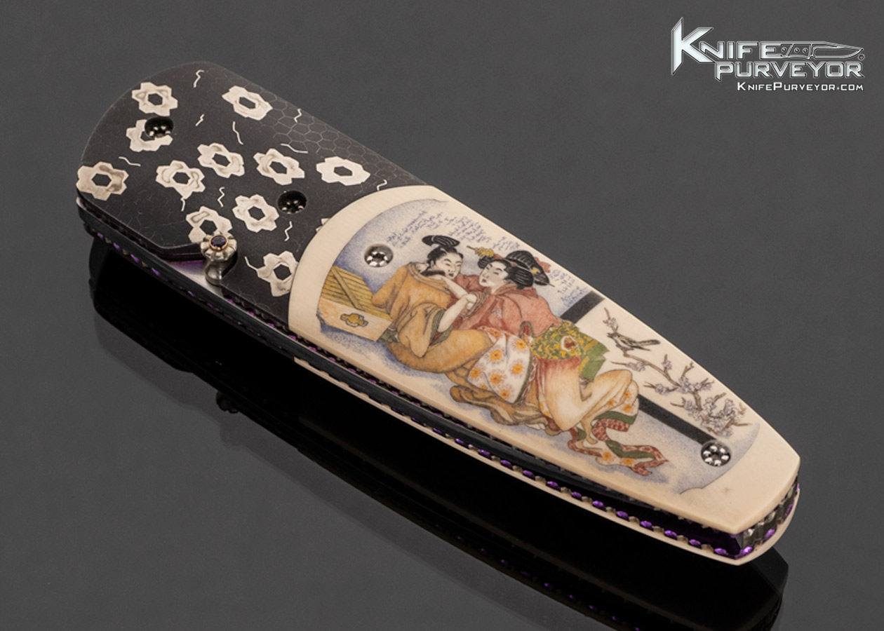 Kelly Carlson Custom Knife Japanese Lovers and Village Snow Mammoth Scrimshawed by Matt Stothart with Stand - Image 2