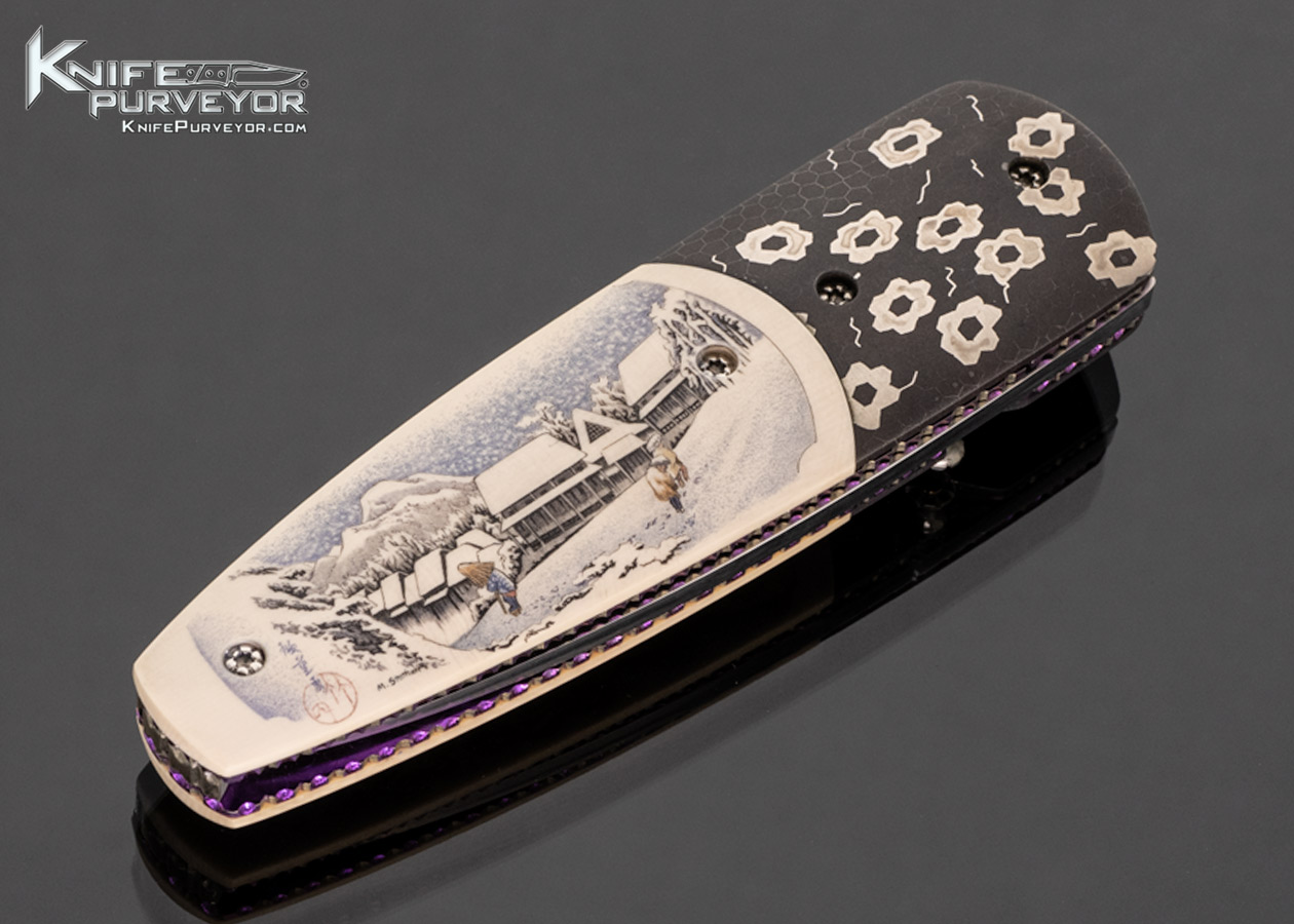 Kelly Carlson Custom Knife Japanese Lovers and Village Snow Mammoth Scrimshawed by Matt Stothart with Stand - Image 4