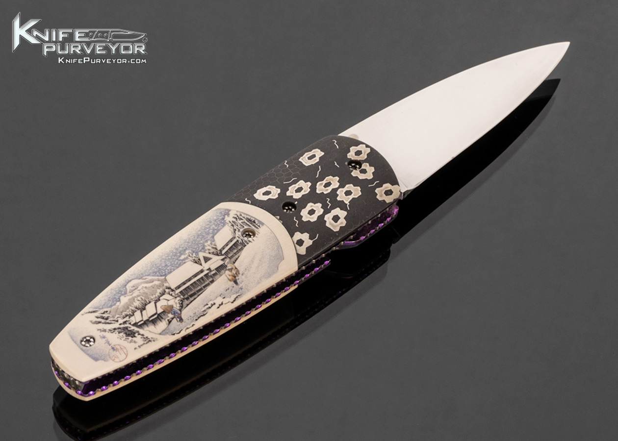 Kelly Carlson Custom Knife Japanese Lovers and Village Snow Mammoth Scrimshawed by Matt Stothart with Stand - Image 3