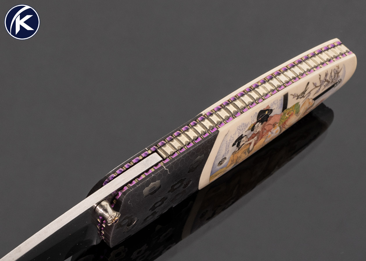 Kelly Carlson Custom Knife Japanese Lovers and Village Snow Mammoth Scrimshawed by Matt Stothart with Stand - Image 5