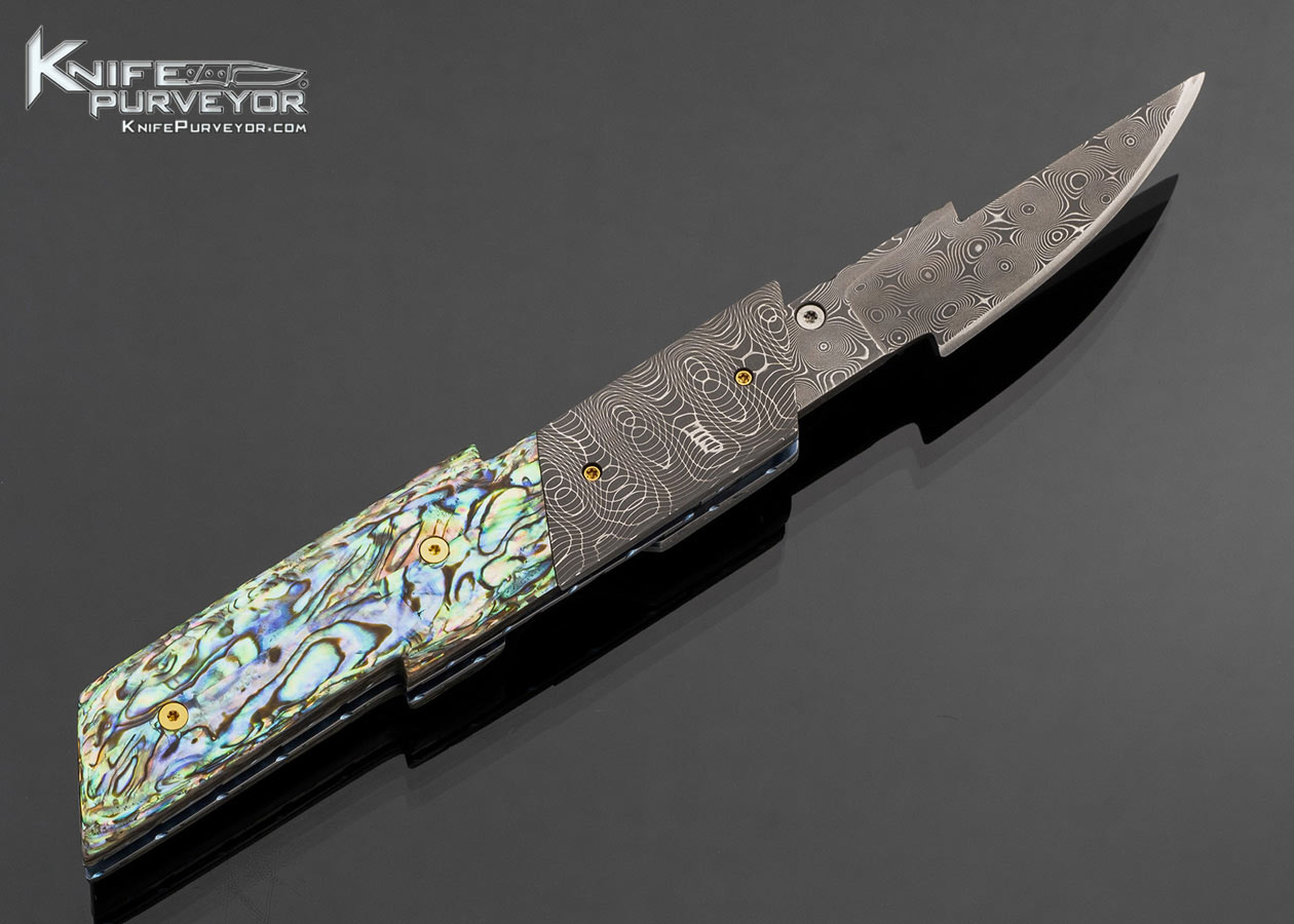 Mike Whiskers Allen Custom Knife "Lightning Bolt" Linerlock Devin Thomas Damascus Blade and Bolster with Paua Shell Scales - Image 3